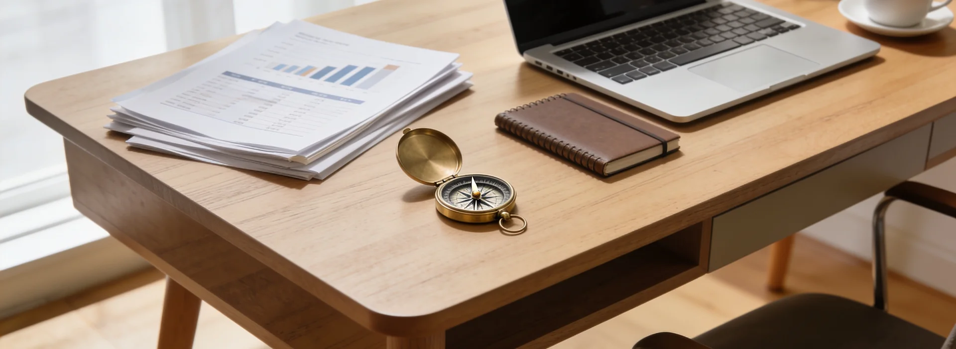 Moderner Arbeitsplatz mit Laptop, Kompass und Notizbuch – symbolisch für professionelle Finanzierungsberatung und Vermögensplanung