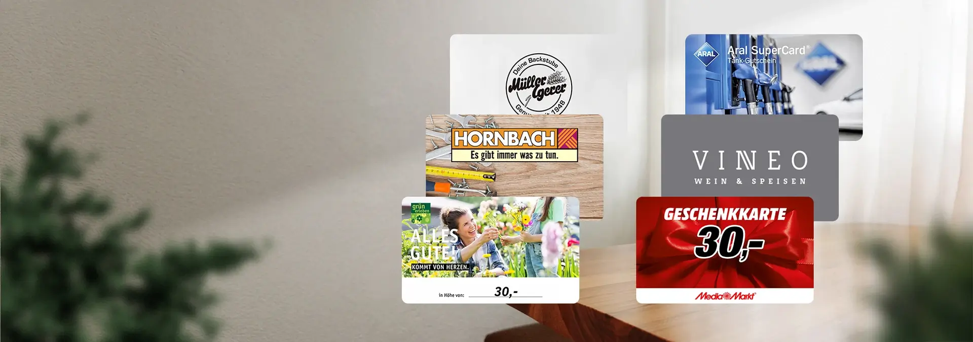 Gutscheine von Hornbach, MediaMarkt, Vineo, Aral, Müller Egerer und Wohngarten im Wert von 30€