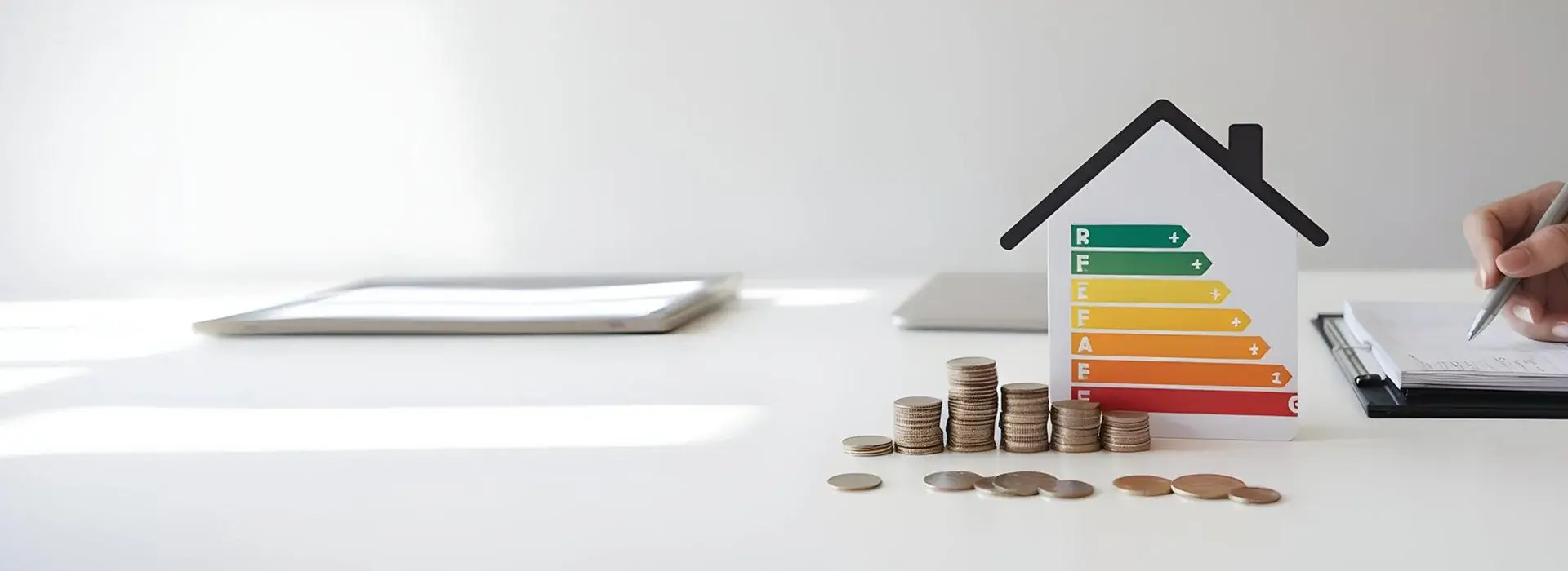 Hausmodell mit Energieeffizienzskala, Münzen und Finanzierung – Modernisierung planen
